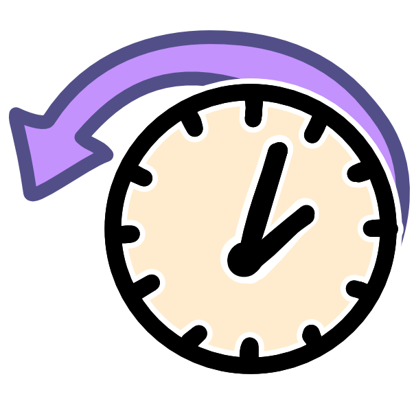 a purple arrow curves from a clock and arcs to the left with the edge of the clock for a few ticks. 